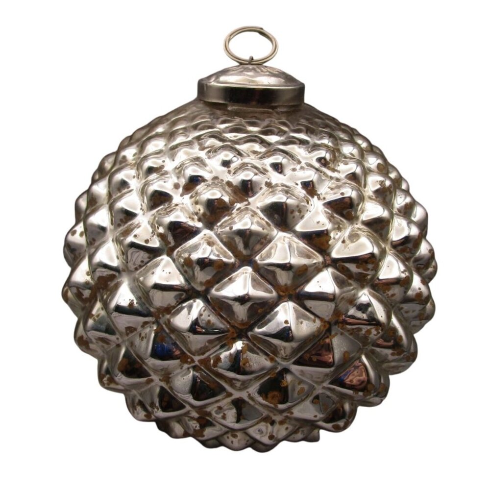 Vintage Diamond Point Pinecone Kugel Style Ornament Mercury Glass Metal Cap GUC